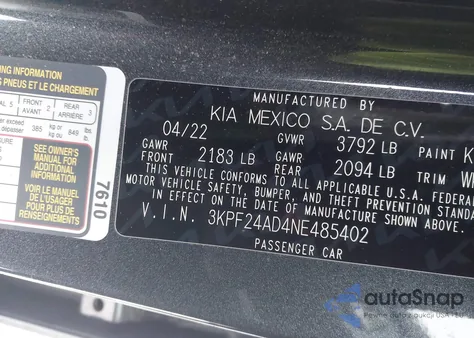 2022 Kia Forte Lxs z USA, uszkodzony, nr VIN 3KPF24AD4NE485402